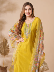 SHREE YELLOW COLOURED WOMEN'S CHANDERI COTTON EMBROIDERED KURTA WITH PANT DUPATTA SET