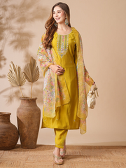 SHREE YELLOW COLOURED WOMEN'S CHANDERI COTTON EMBROIDERED KURTA WITH PANT DUPATTA SET