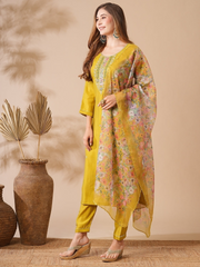 SHREE YELLOW COLOURED WOMEN'S CHANDERI COTTON EMBROIDERED KURTA WITH PANT DUPATTA SET