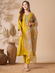 SHREE YELLOW COLOURED WOMEN'S CHANDERI COTTON EMBROIDERED KURTA WITH PANT DUPATTA SET