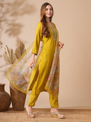 SHREE YELLOW COLOURED WOMEN'S CHANDERI COTTON EMBROIDERED KURTA WITH PANT DUPATTA SET