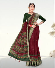 Latest Zari Weaving Jacquard border Soft Cotton saree with blouse for women