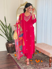 SIYA PINK COLOURED WOMEN'S VISCOSE CHANDERI EMBROIDERED KURTA WITH PANT DUPATTA SET