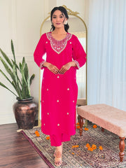SIYA PINK COLOURED WOMEN'S VISCOSE CHANDERI EMBROIDERED KURTA WITH PANT DUPATTA SET