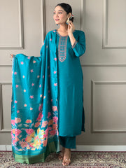 SOFIA BLUE COLOURED WOMEN'S VISCOSE CHANDERI EMBROIDERED KURTA WITH PANT DUPATTA SET