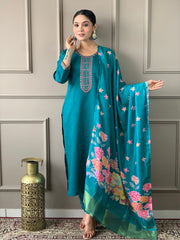 SOFIA BLUE COLOURED WOMEN'S VISCOSE CHANDERI EMBROIDERED KURTA WITH PANT DUPATTA SET
