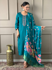 SOFIA BLUE COLOURED WOMEN'S VISCOSE CHANDERI EMBROIDERED KURTA WITH PANT DUPATTA SET