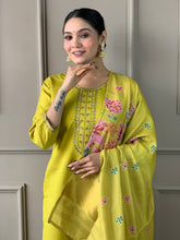 SOFIA YELLOW COLOURED WOMEN'S VISCOSE CHANDERI EMBROIDERED KURTA WITH PANT DUPATTA SET
