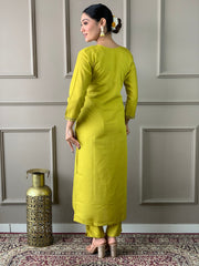 SOFIA YELLOW COLOURED WOMEN'S VISCOSE CHANDERI EMBROIDERED KURTA WITH PANT DUPATTA SET