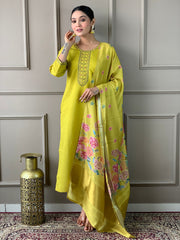 SOFIA YELLOW COLOURED WOMEN'S VISCOSE CHANDERI EMBROIDERED KURTA WITH PANT DUPATTA SET