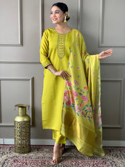 SOFIA YELLOW COLOURED WOMEN'S VISCOSE CHANDERI EMBROIDERED KURTA WITH PANT DUPATTA SET