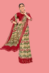 Digital Print Woven Jari border Moss Chiffon saree with blouse for women