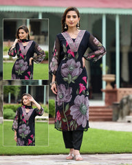 SONIKA BLACK COLOURED WOMEN'S GEORGETTE EMBROIDERED KURTA WITH PANT DUPATTA SET