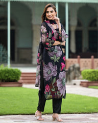 SONIKA BLACK COLOURED WOMEN'S GEORGETTE EMBROIDERED KURTA WITH PANT DUPATTA SET