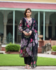 SONIKA BLACK COLOURED WOMEN'S GEORGETTE EMBROIDERED KURTA WITH PANT DUPATTA SET