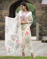 SONIKA WHITE COLOURED WOMEN'S GEORGETTE EMBROIDERED KURTA WITH PANT DUPATTA SET