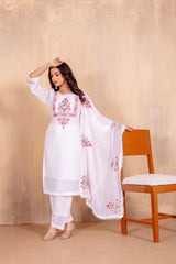 SUCHI WHITE COLOURED WOMEN'S HEAVY FAUX GEORGETTE EMBROIDERED KURTA WITH PANT DUPATTA SET
