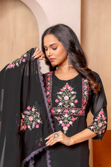 SUCHI BLACK COLOURED WOMEN'S HEAVY FAUX GEORGETTE KURTA WITH PANT DUPATTA SET