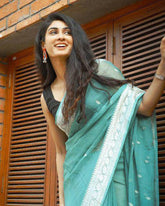 Sea green soft Linen cotton woven saree