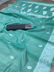 Sea green soft Linen cotton woven saree