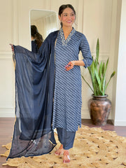 BLUE YELLOW COLOURED WOMEN'S MUSLIN EMBROIDERED KURTA WITH PANT DUPATTA SET