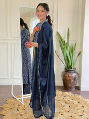 BLUE YELLOW COLOURED WOMEN'S MUSLIN EMBROIDERED KURTA WITH PANT DUPATTA SET