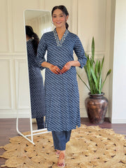 BLUE YELLOW COLOURED WOMEN'S MUSLIN EMBROIDERED KURTA WITH PANT DUPATTA SET