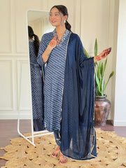 BLUE YELLOW COLOURED WOMEN'S MUSLIN EMBROIDERED KURTA WITH PANT DUPATTA SET