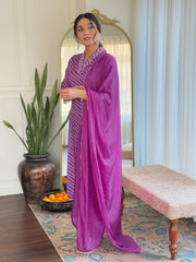 PURPLE COLOURED WOMEN'S MUSLIN EMBROIDERED KURTA WITH PANT DUPATTA SET