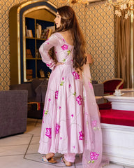 trendy Baby pink Coloured Flaired Kurta With Bottom And Beautifull Dupatta Set