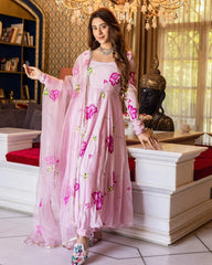 trendy Baby pink Coloured Flaired Kurta With Bottom And Beautifull Dupatta Set
