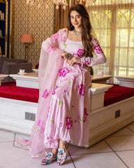 trendy Baby pink Coloured Flaired Kurta With Bottom And Beautifull Dupatta Set