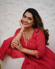 RED COLOURED WOMEN'S VISCOSE DIAMOND GEORGETTE EMBROIDERED KURTA WITH PANT DUPATTA SET