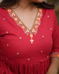 RED COLOURED WOMEN'S VISCOSE DIAMOND GEORGETTE EMBROIDERED KURTA WITH PANT DUPATTA SET