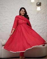 RED COLOURED WOMEN'S VISCOSE DIAMOND GEORGETTE EMBROIDERED KURTA WITH PANT DUPATTA SET
