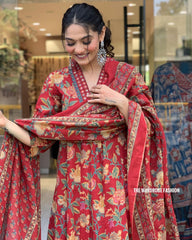 TANVI MAROON COLOURED WOMEN'S COTTON EMBROIDERED KURTA WITH PANT DUPATTA SET