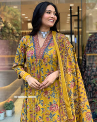 TANVI YELLOW COLOURED WOMEN'S VISCOSE CHANDERI EMBROIDERED KURTA WITH PANT DUPATTA SET