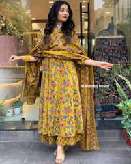 TANVI YELLOW COLOURED WOMEN'S VISCOSE CHANDERI EMBROIDERED KURTA WITH PANT DUPATTA SET