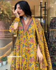 TANVI YELLOW COLOURED WOMEN'S VISCOSE CHANDERI EMBROIDERED KURTA WITH PANT DUPATTA SET