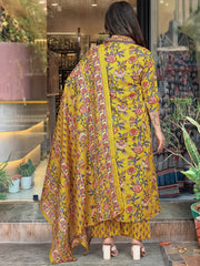 TANVI YELLOW COLOURED WOMEN'S VISCOSE CHANDERI EMBROIDERED KURTA WITH PANT DUPATTA SET