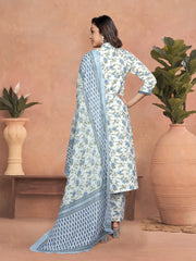 TEAL COLOURED WOMEN'S COTTON SLUB KURTA WITH PANT DUPATTA SET