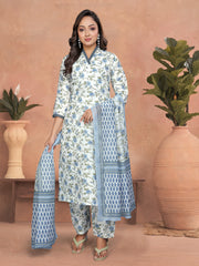 TEAL COLOURED WOMEN'S COTTON SLUB KURTA WITH PANT DUPATTA SET