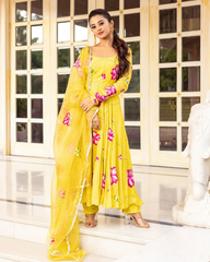 trendy Yellow Coloured Flaired Kurta With Bottom And Beautifull Dupatta Set
