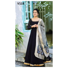 BLACK PARTYWEAR WOVEN – EMBROIDERY WORK BLOOMING GEORGETTE GOWN WITH DUPPATA