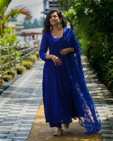 AZURE BLUE COLOR ANARKALI SUIT WITH FLOWER EMBROIDERY BUTI IN TOP AND DUPATTA