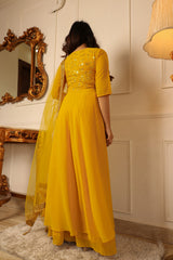 WOMEN YELLOW EMBROIDERED SEQUINNED SILK CHIFFON KURTI WITH TROUSERS