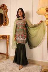 Green Floral Embroidered Georgette Sharara Suit