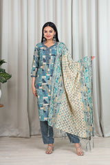 FLORAL PRINTED CHANDERI COTTON KURTA WITH TROUSERS & DUPATTA