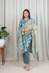 FLORAL PRINTED CHANDERI COTTON KURTA WITH TROUSERS & DUPATTA