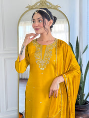 YELLOW COLOURED WOMEN'S COTTON EMBROIDERED KURTA WITH PANT DUPATTA SET